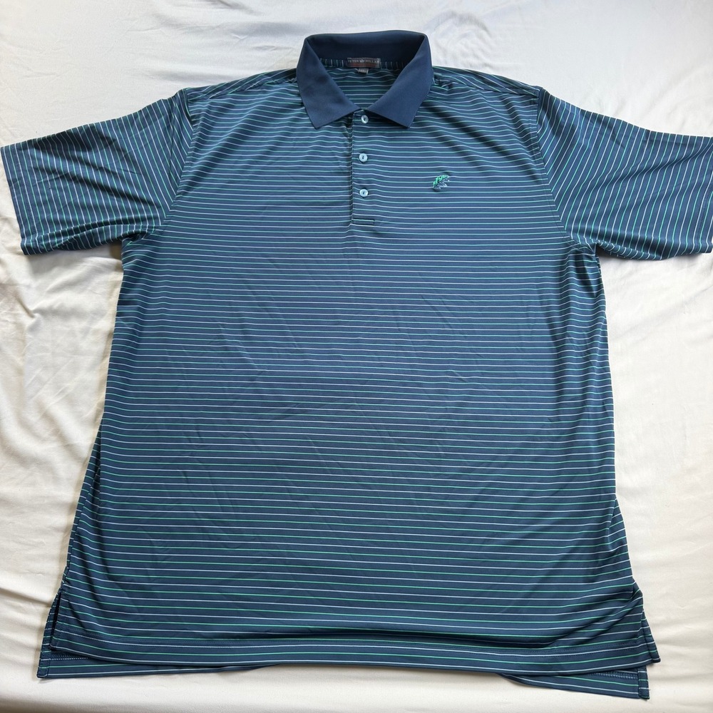 Peter Millar Summer Comfort Mens XL Navy Green Striped Golf Polo Shirt Leaf Logo